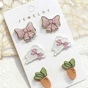 Pink and White Bow and Bunny Earrings Set